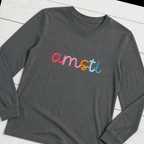 Rainbow 3D Puff Script Embroidery Long-Sleeve Tee. Shown in: Comfort Colors • Pepper.