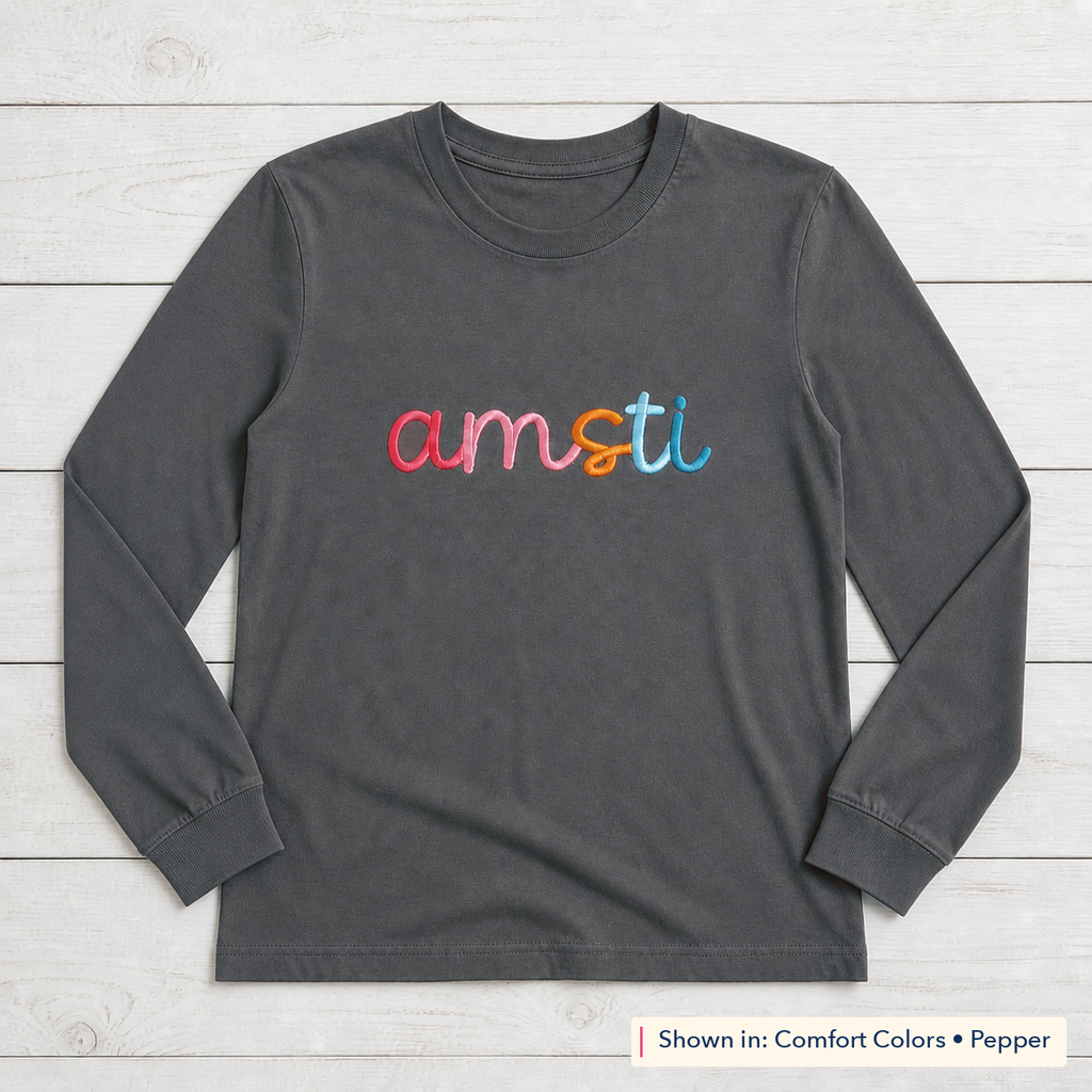 Rainbow 3D Puff Script Embroidery Long-Sleeve Tee. Shown in: Comfort Colors • Pepper.