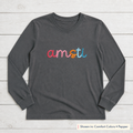 Rainbow 3D Puff Script Embroidery Long-Sleeve Tee. Shown in: Comfort Colors • Pepper.