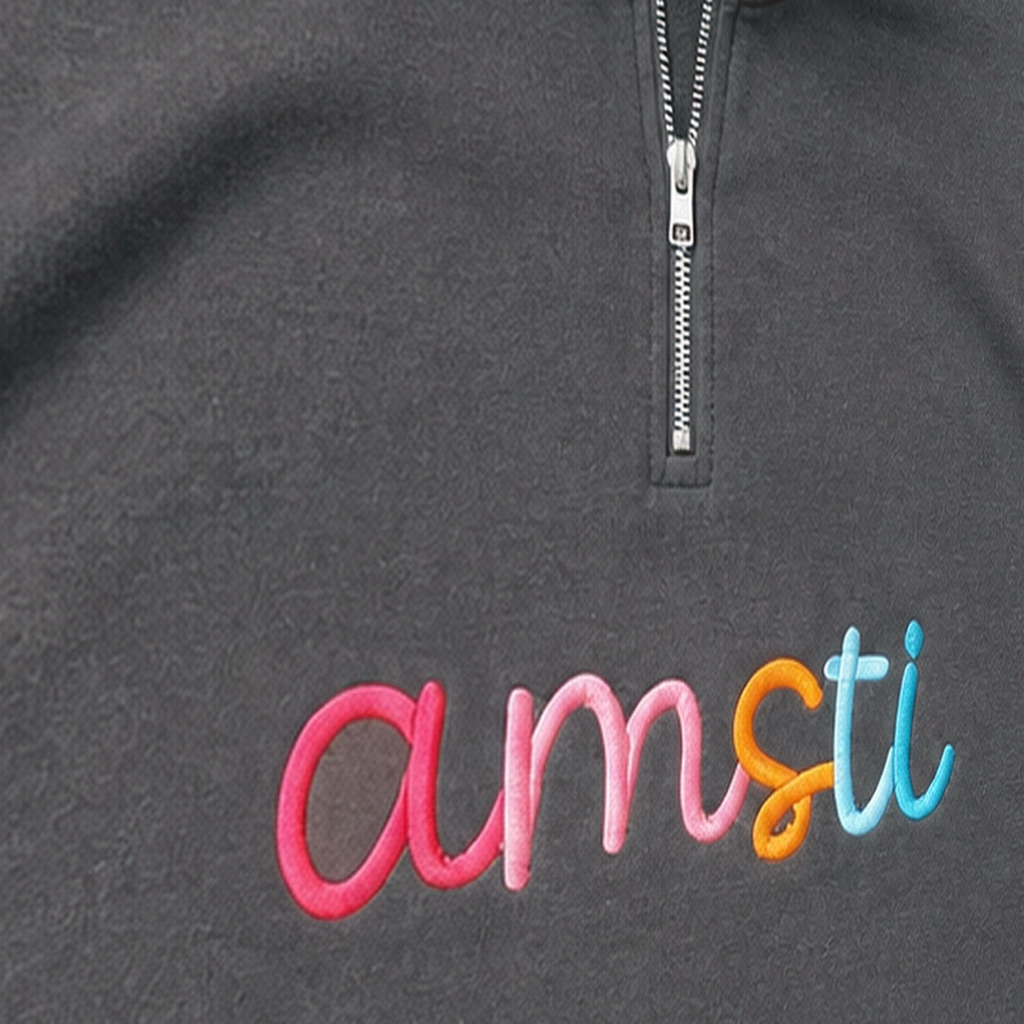 Rainbow 3D Puff Script Embroidery Quarter-Zip. Shown in: Comfort Colors • Pepper.
