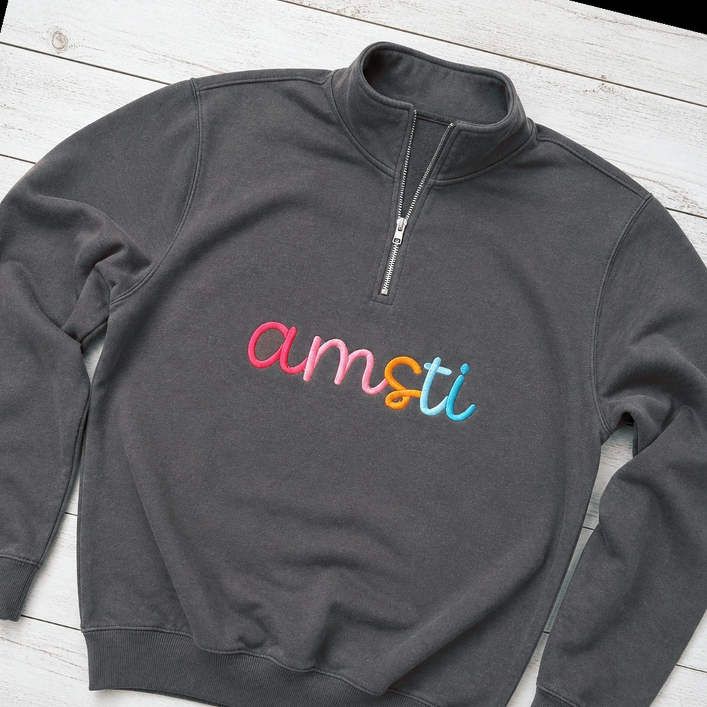 Rainbow 3D Puff Script Embroidery Quarter-Zip. Shown in: Comfort Colors • Pepper.