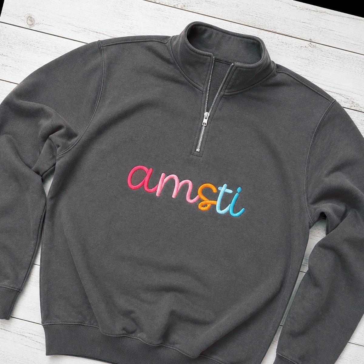 Rainbow 3D Puff Script Embroidery Quarter-Zip. Shown in: Comfort Colors • Pepper.