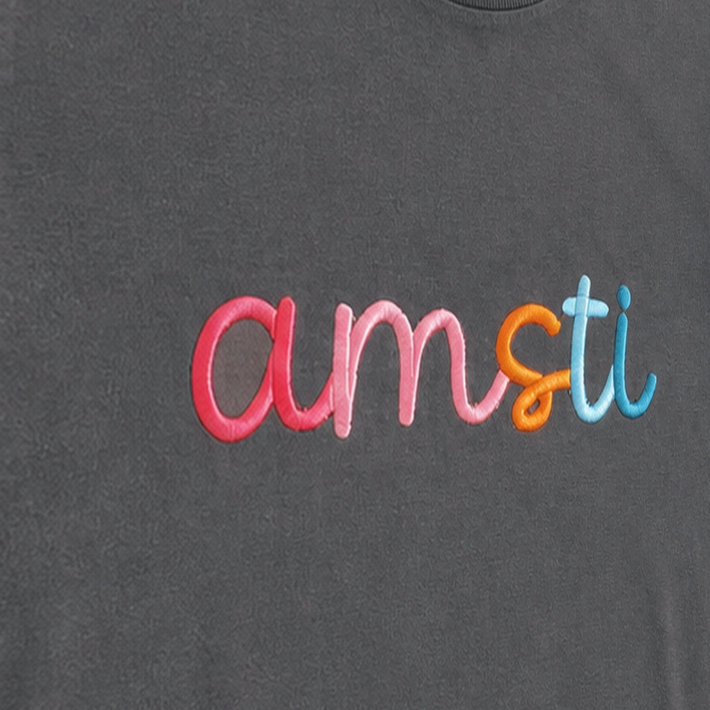 Rainbow 3D Puff Script Embroidery Tee. Shown in: Comfort Colors • Pepper.