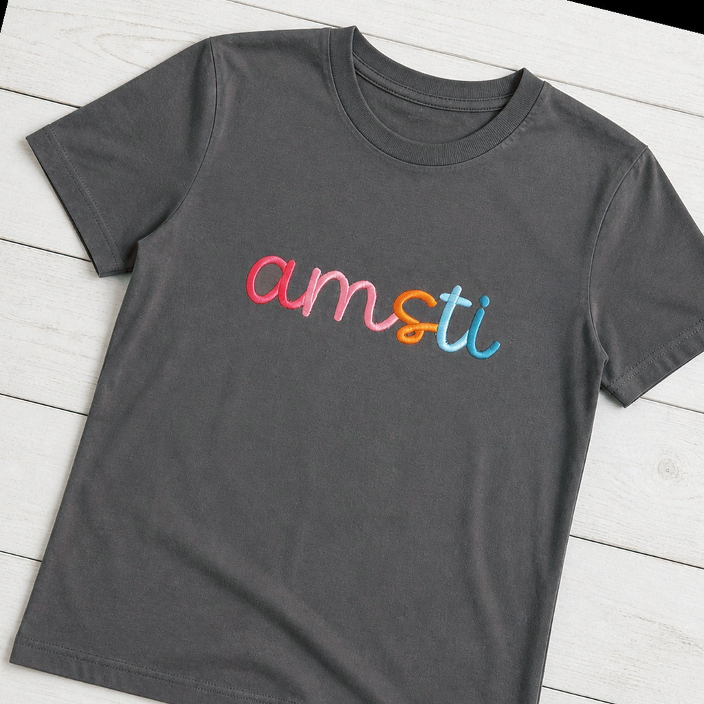Rainbow 3D Puff Script Embroidery Tee. Shown in: Comfort Colors • Pepper.