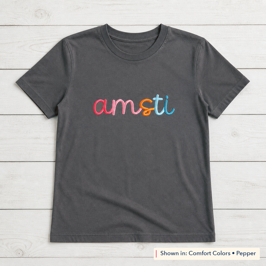 Rainbow 3D Puff Script Embroidery Tee. Shown in: Comfort Colors • Pepper.