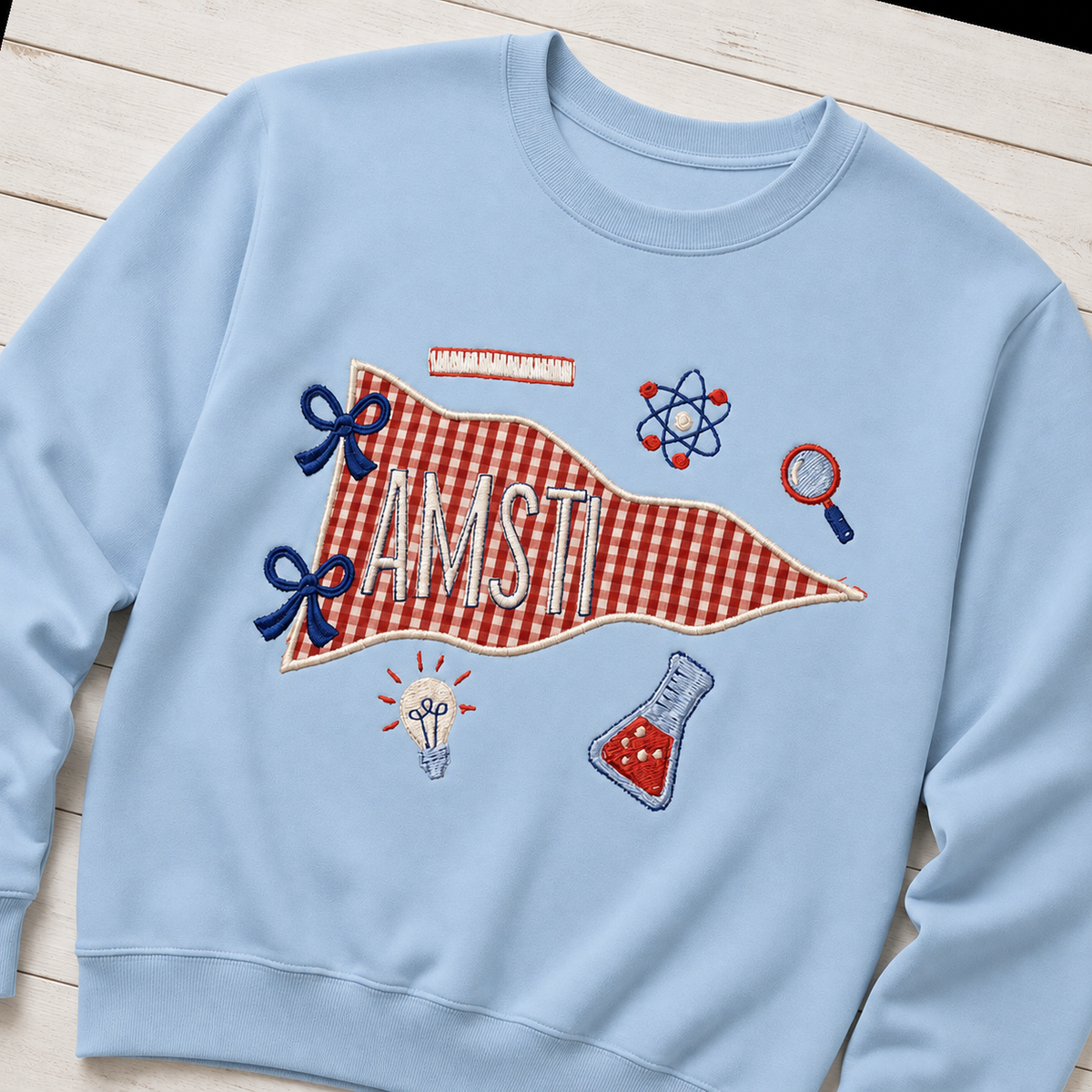 Gingham Science Pennant Sweatshirt. Shown in: Gildan • Light Blue.