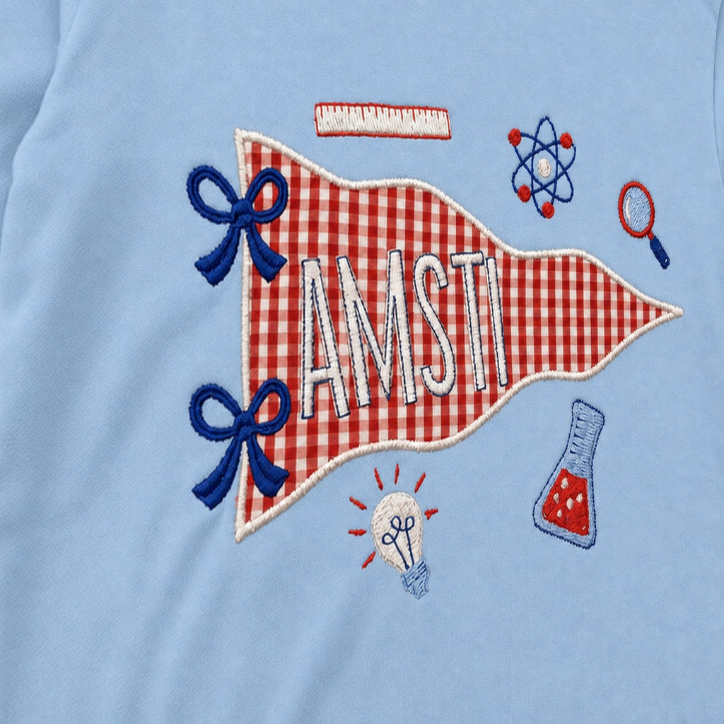 Gingham Science Pennant Long-Sleeve Tee. Shown in: Gildan • Light Blue.