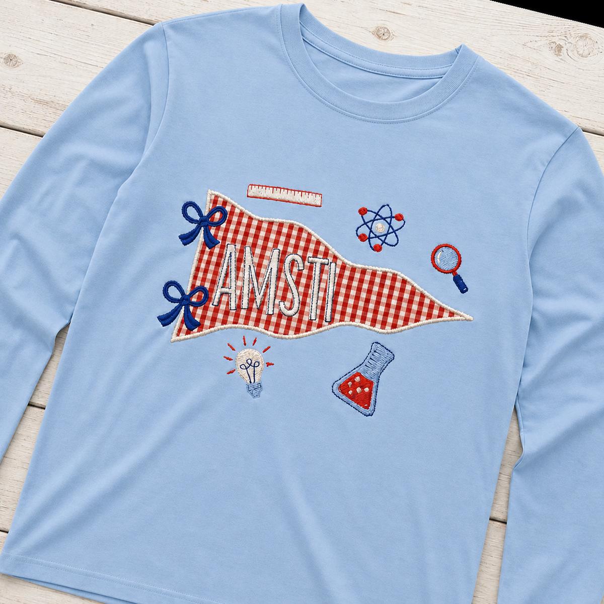 Gingham Science Pennant Long-Sleeve Tee. Shown in: Gildan • Light Blue.