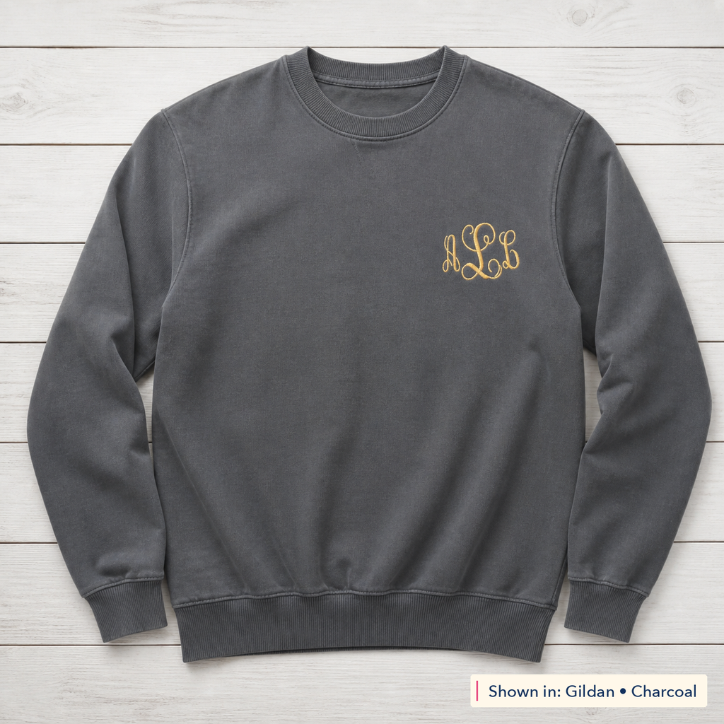 Script Chest Monogram Sweatshirt. Shown in: Gildan • Charcoal.