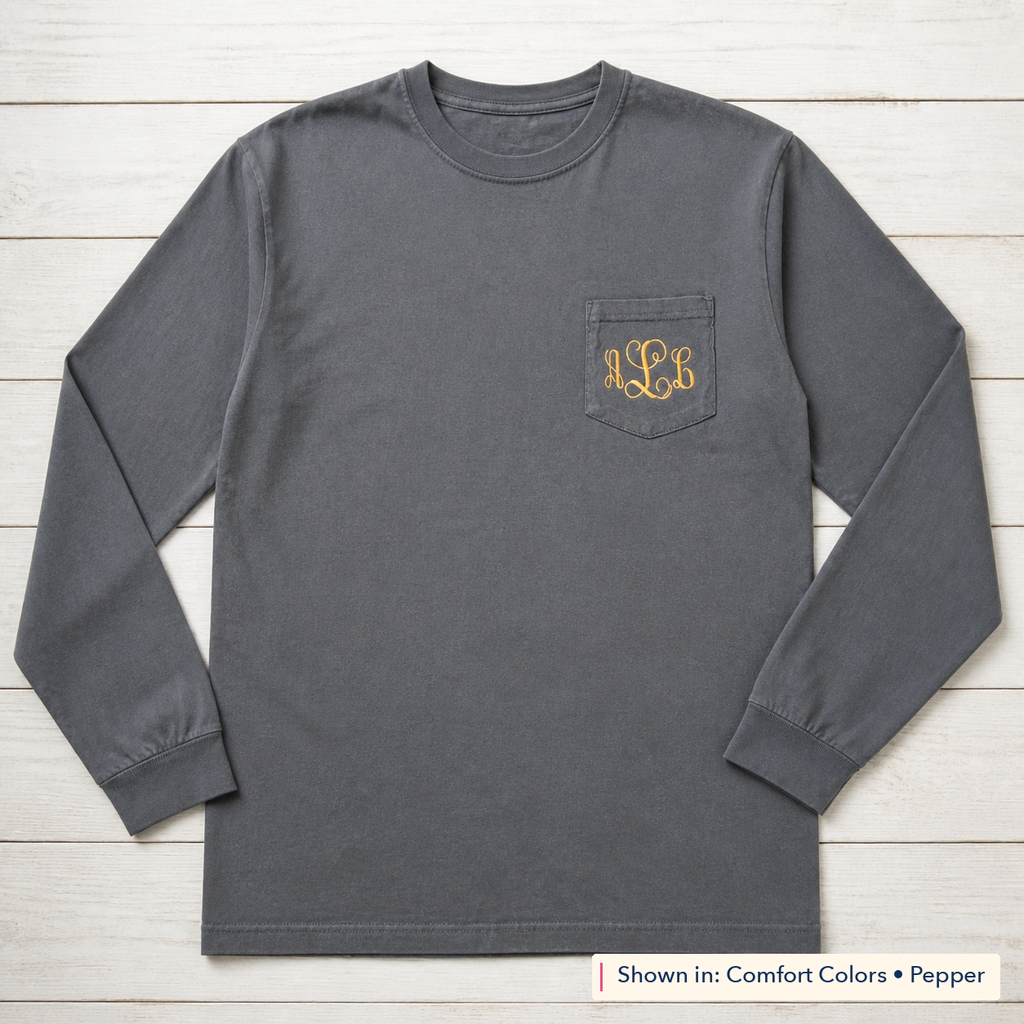 Script Monogram Long-Sleeve Pocket Tee. Shown in: Comfort Colors • Pepper.