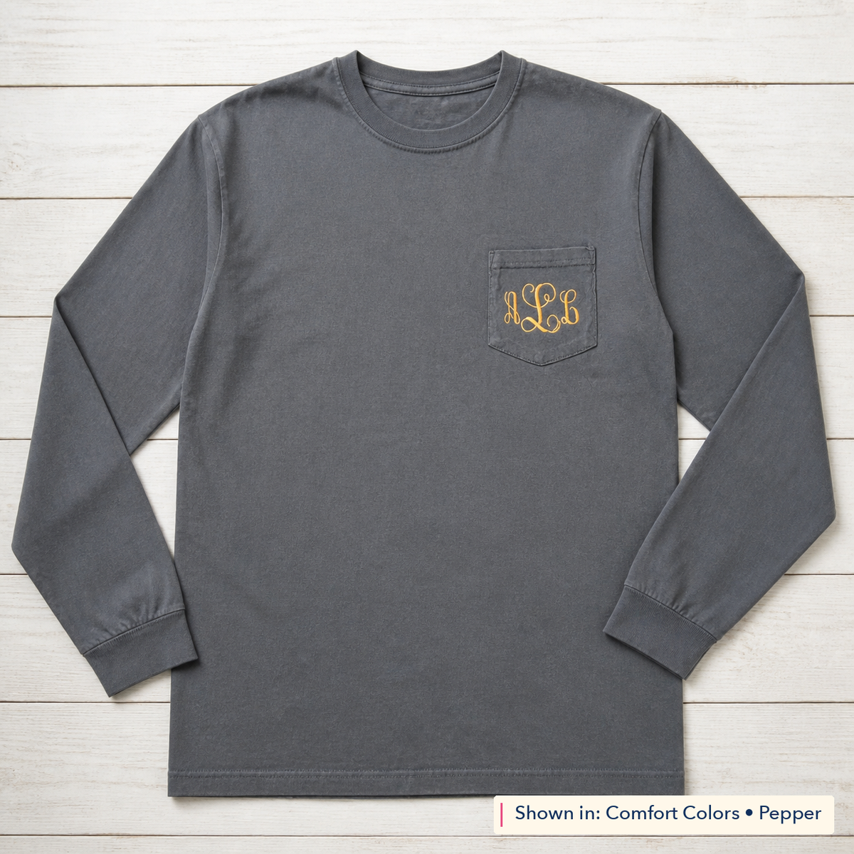 Script Monogram Long-Sleeve Pocket Tee. Shown in: Comfort Colors • Pepper.