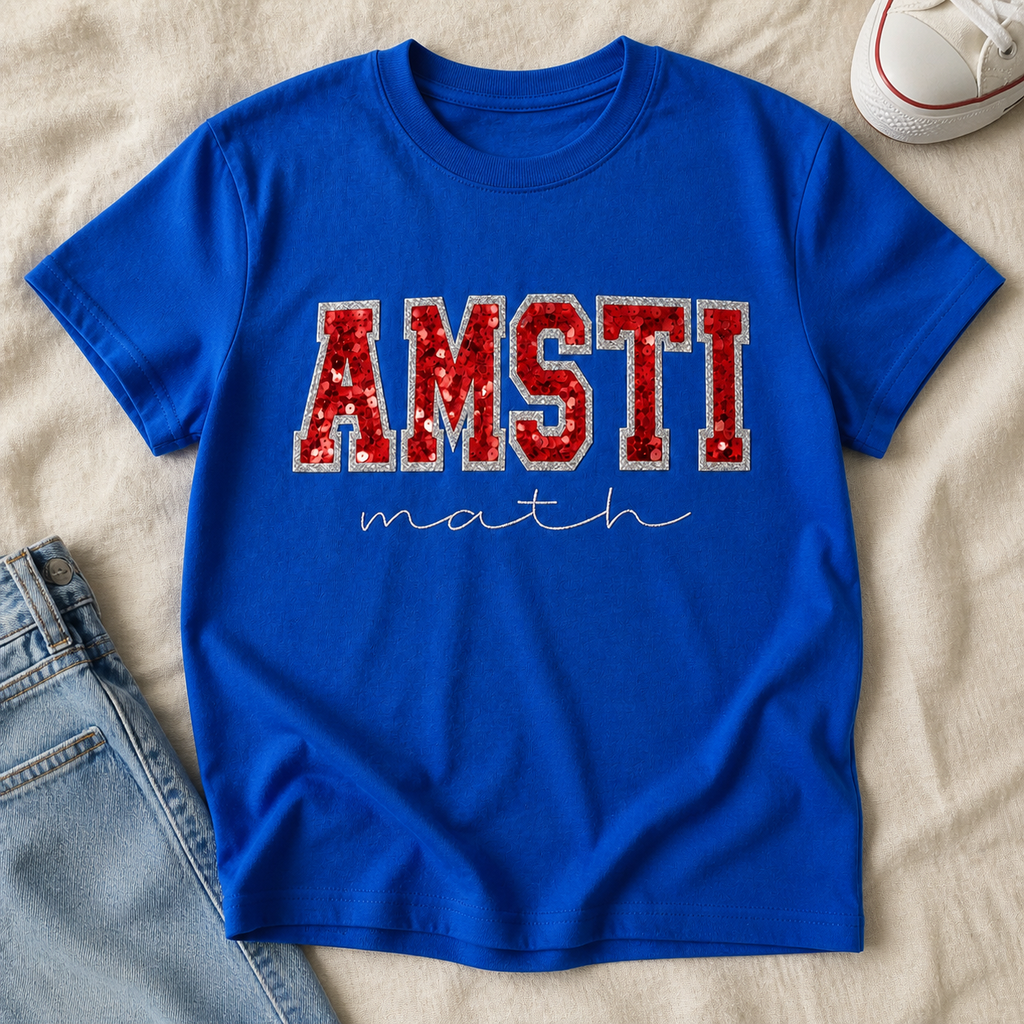 Royal blue AMSTI math sequin shirt boutique flat lay