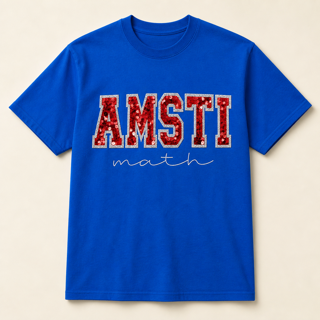 Royal blue AMSTI math shirt with red sequins and silver glitter