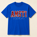Royal blue AMSTI math shirt with red sequins and silver glitter