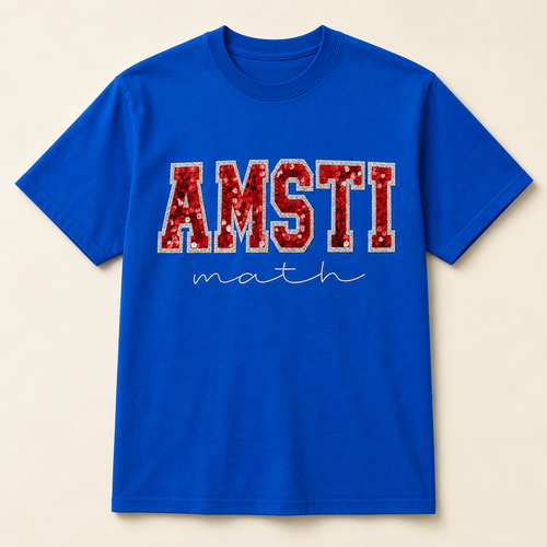 Royal blue AMSTI math shirt with red sequins and silver glitter