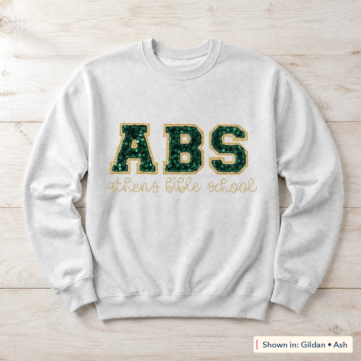 Sequin Varsity Lettering Sweatshirt. Shown in: Gildan • Ash.