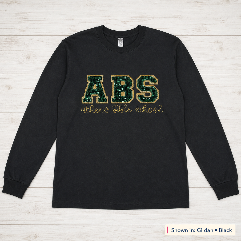 Sequin Varsity Lettering Long-Sleeve Tee. Shown in: Gildan • Black.
