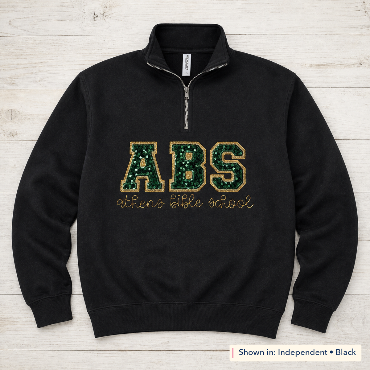 Sequin Varsity Lettering Quarter-Zip. Shown in: Independent • Black.