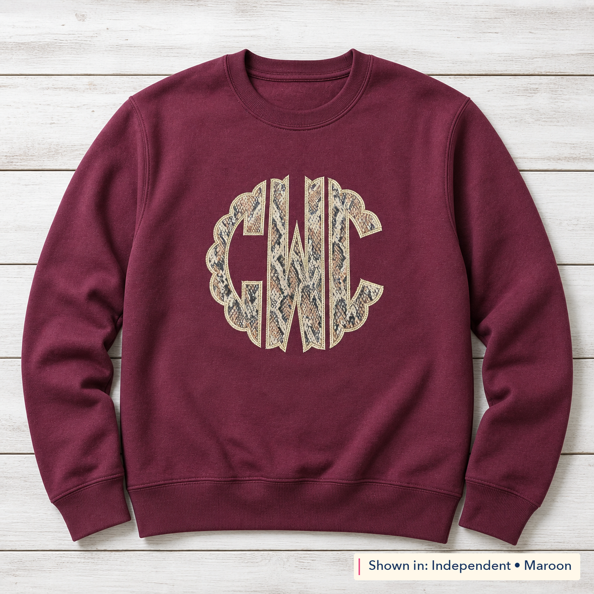 Snakeskin Scalloped Monogram Sweatshirt. Shown in: Independent • Maroon.