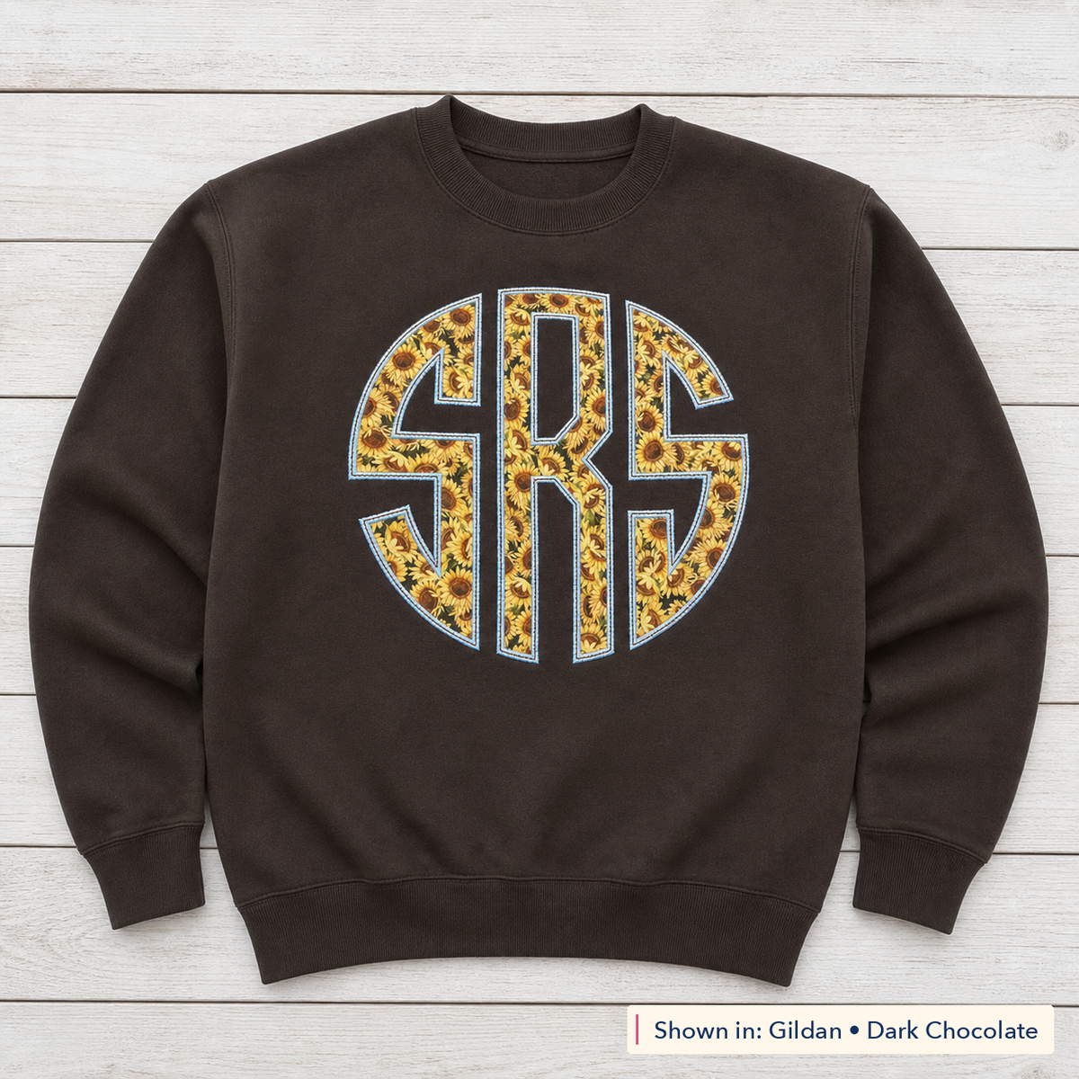 Sunflower Circle Monogram Sweatshirt. Shown in: Gildan • Dark Chocolate.