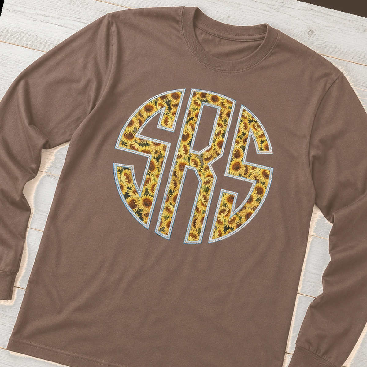 Sunflower Circle Monogram Long-Sleeve Tee. Shown in: Comfort Colors • Espresso.