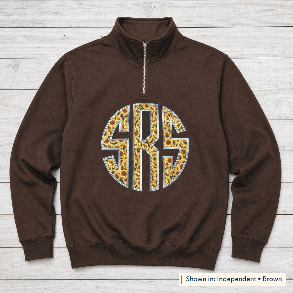 Sunflower Circle Monogram Quarter-Zip. Shown in: Independent • Brown.