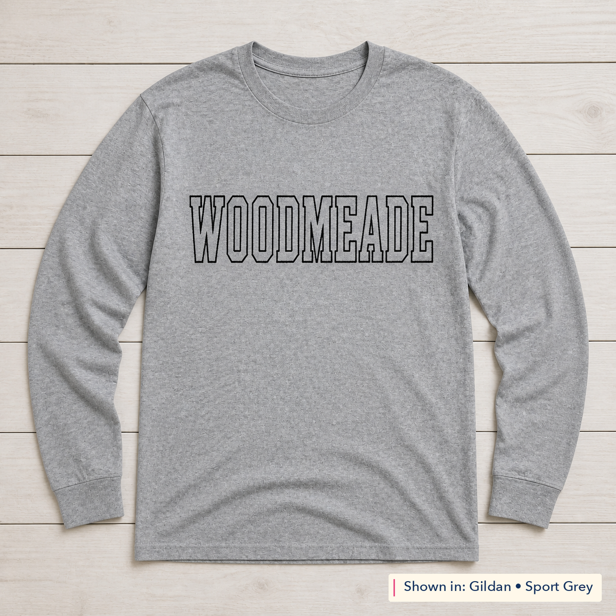 Tall Outline School Lettering Long-Sleeve Tee. Shown in: Gildan • Sport Grey.