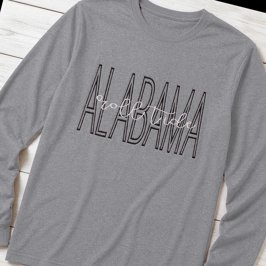 Tall Varsity Lettering & Script Long-Sleeve Tee. Shown in: Gildan • Heather Graphite.