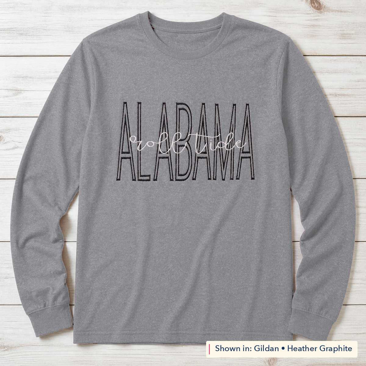 Tall Varsity Lettering & Script Long-Sleeve Tee. Shown in: Gildan • Heather Graphite.