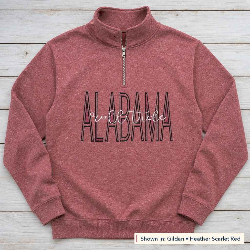 Tall Varsity Lettering & Script Quarter-Zip. Shown in: Gildan • Heather Scarlet Red.