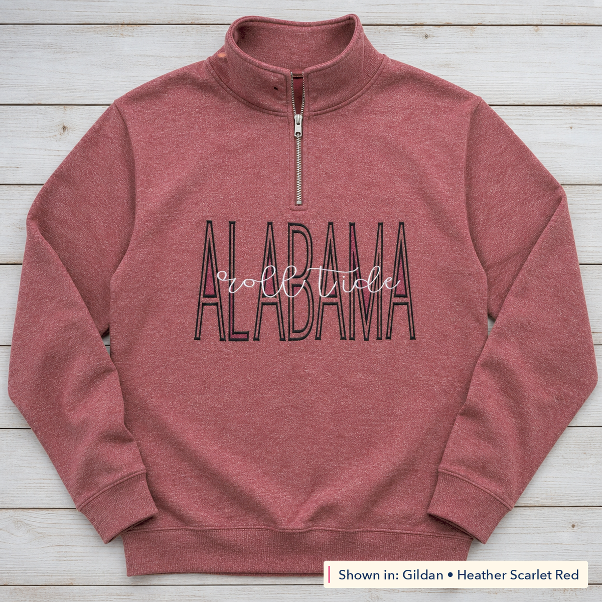 Tall Varsity Lettering & Script Quarter-Zip. Shown in: Gildan • Heather Scarlet Red.