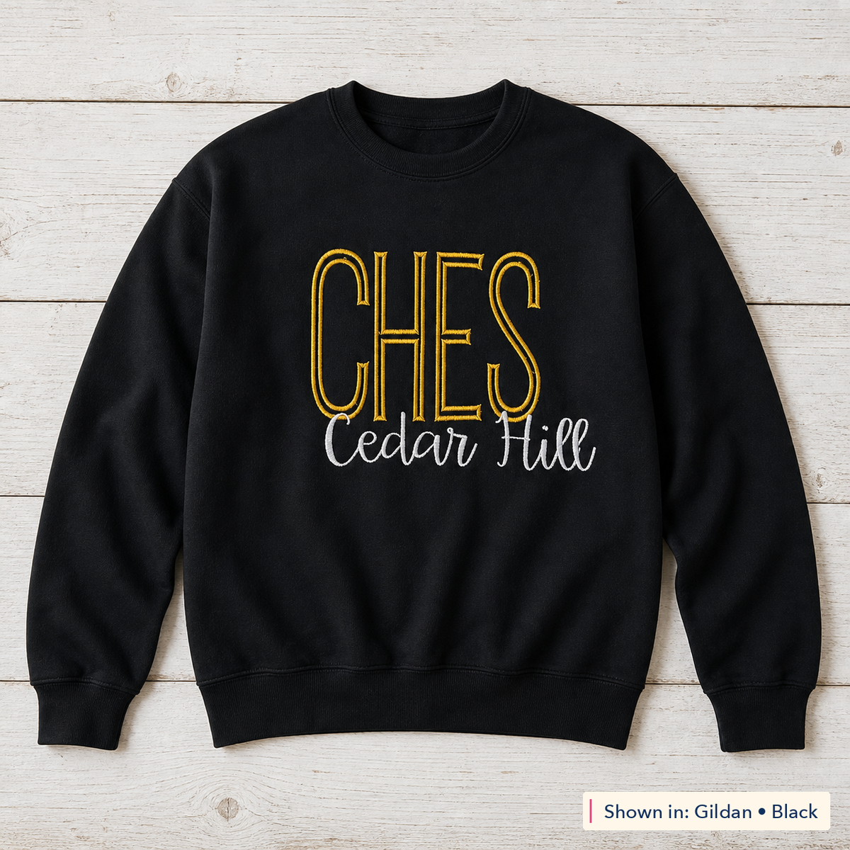 School Initials & Script Sweatshirt. Shown in: Gildan • Black.