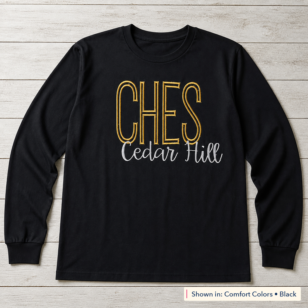 School Initials & Script Long-Sleeve Tee. Shown in: Comfort Colors • Black.