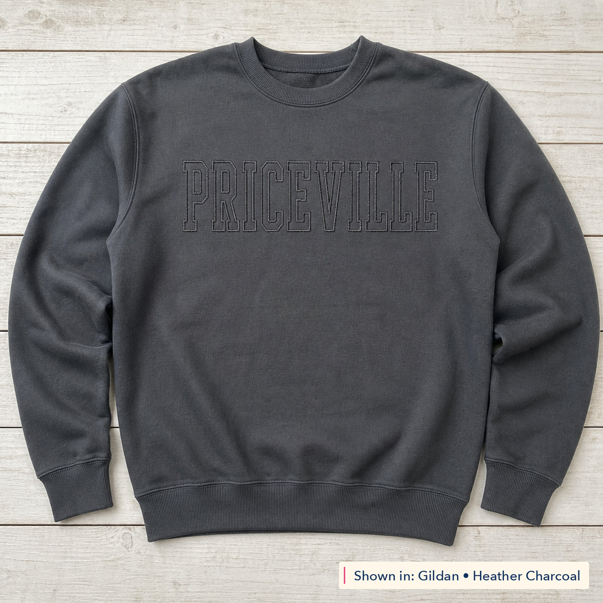 Tonal School Lettering Sweatshirt. Shown in: Gildan • Heather Charcoal.