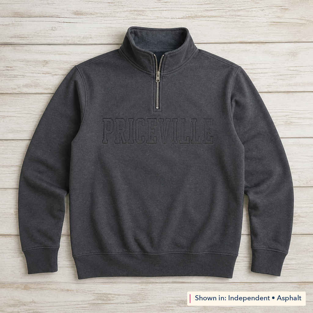 Tonal School Lettering Quarter-Zip. Shown in: Independent • Asphalt.