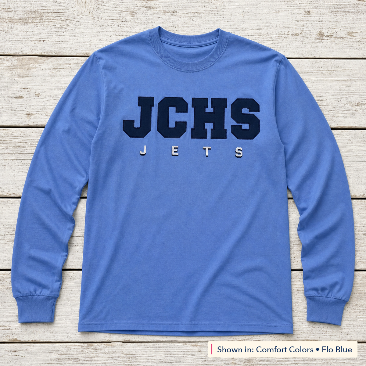 Team Lettering & Back Name Long-Sleeve Tee. Shown in: Comfort Colors • Flo Blue.
