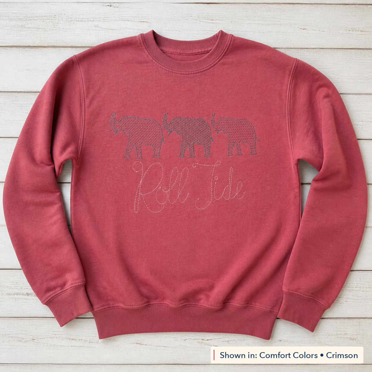 Roll Tide Elephant Trio Sweatshirt. Shown in: Comfort Colors • Crimson.