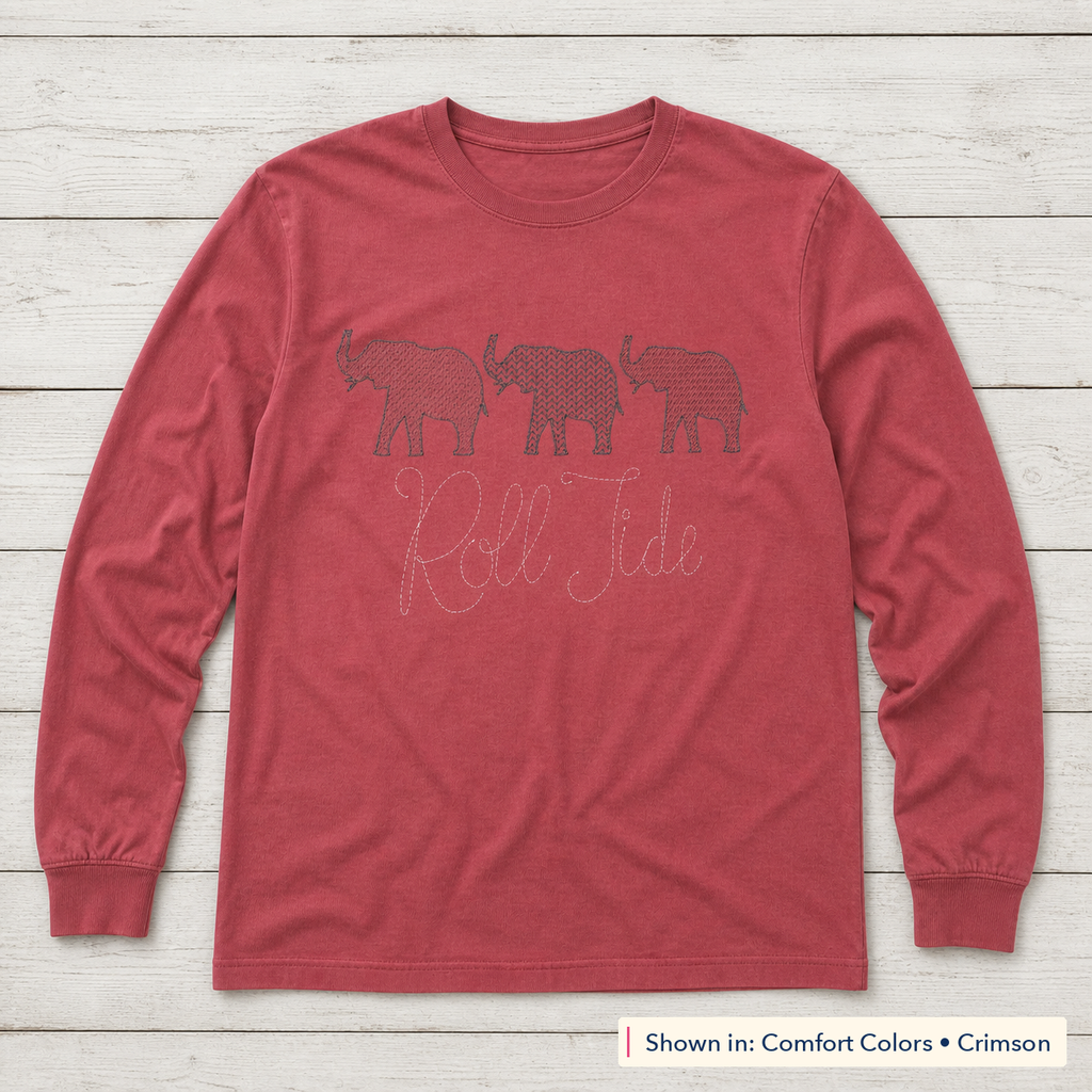 Roll Tide Elephant Trio Long-Sleeve Tee. Shown in: Comfort Colors • Crimson.