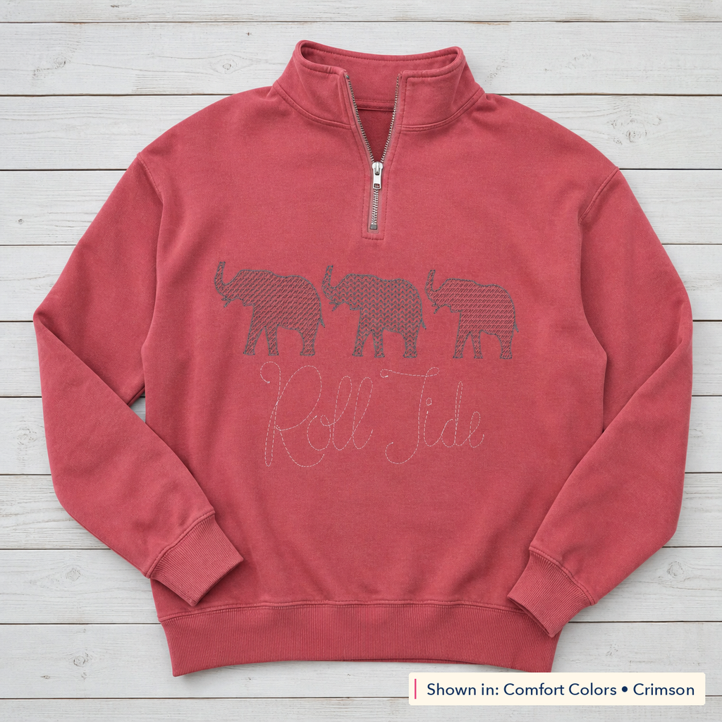 Roll Tide Elephant Trio Quarter-Zip. Shown in: Comfort Colors • Crimson.