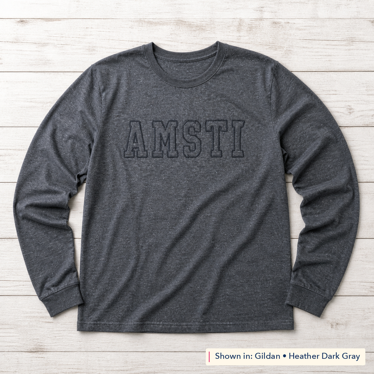 Tonal Outline Lettering Long-Sleeve Tee. Shown in: Gildan • Heather Dark Gray.