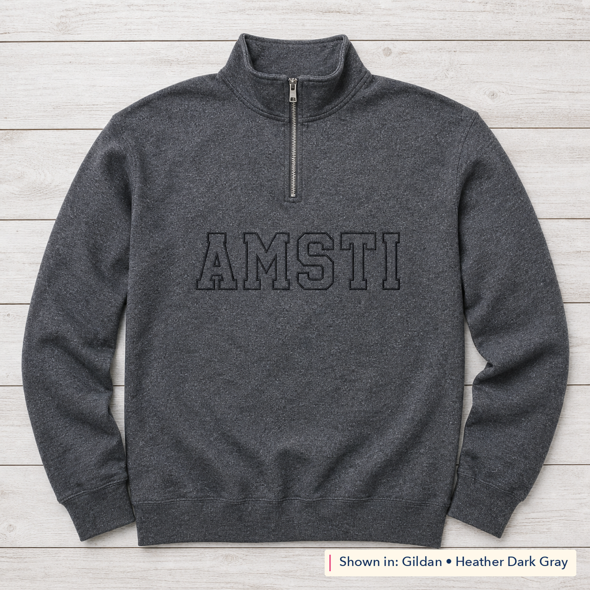 Tonal Outline Lettering Quarter-Zip. Shown in: Gildan • Heather Dark Gray.