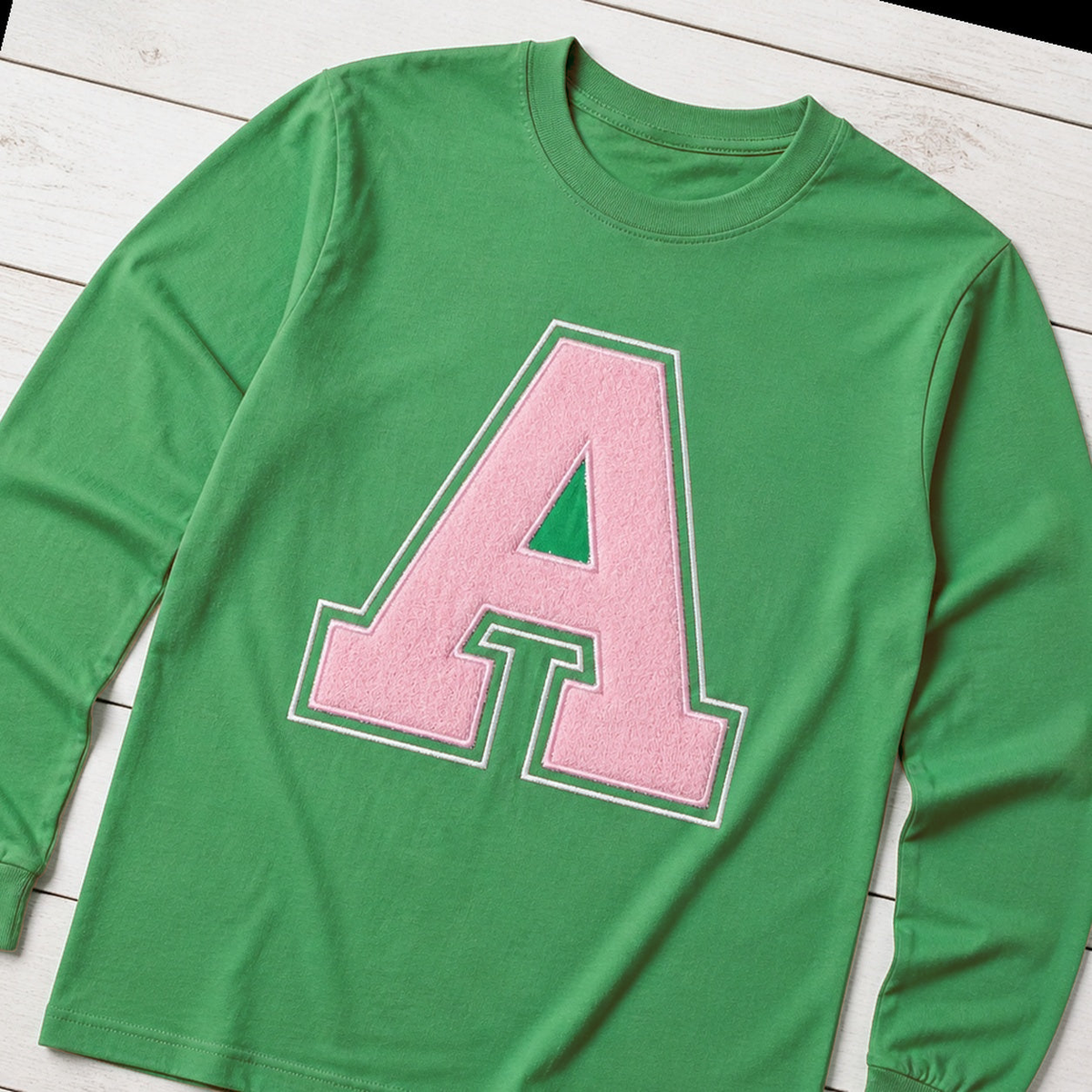 Varsity Initial Appliqué Long-Sleeve Tee. Shown in: Gildan • Irish Green.