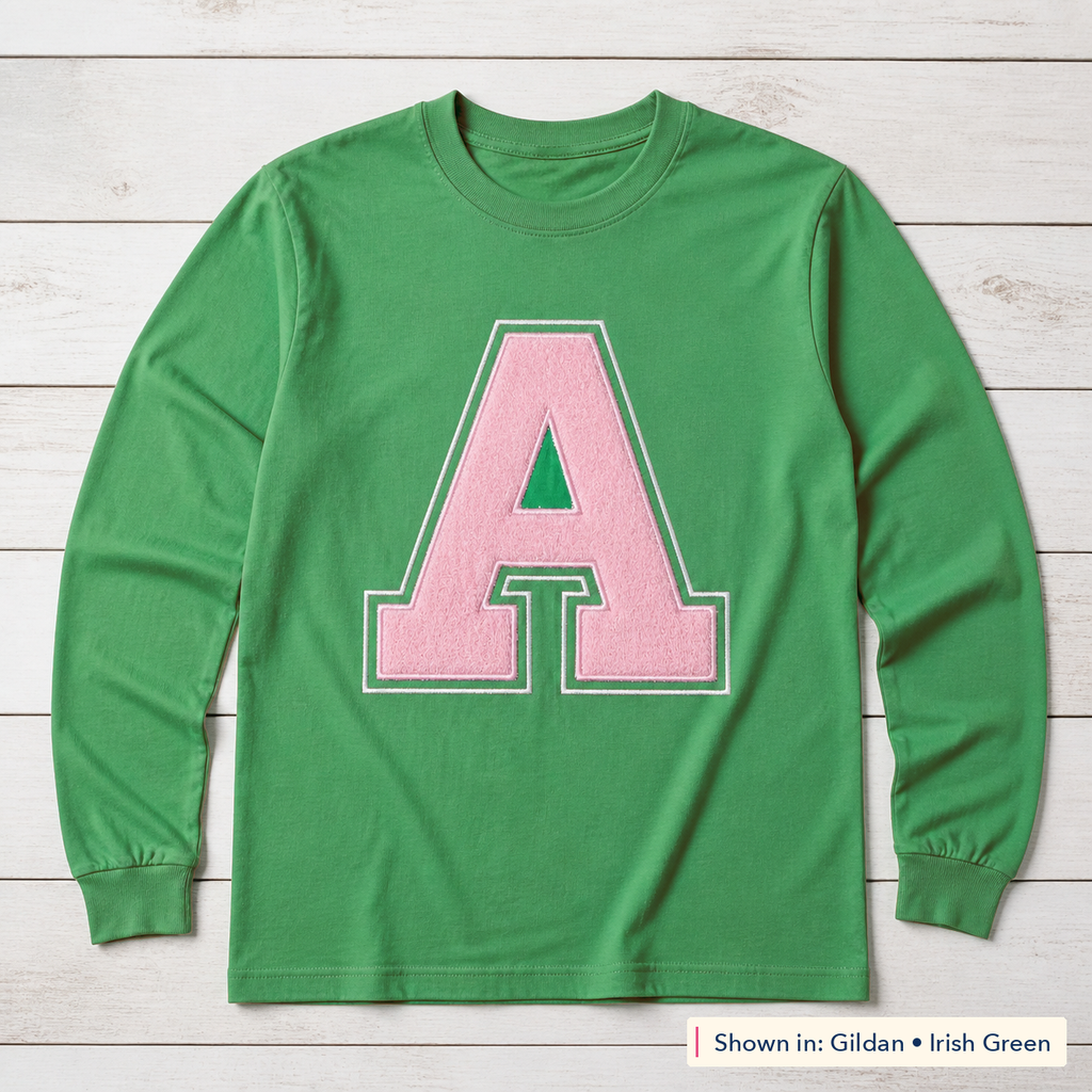 Varsity Initial Appliqué Long-Sleeve Tee. Shown in: Gildan • Irish Green.