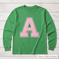 Varsity Initial Appliqué Long-Sleeve Tee. Shown in: Gildan • Irish Green.