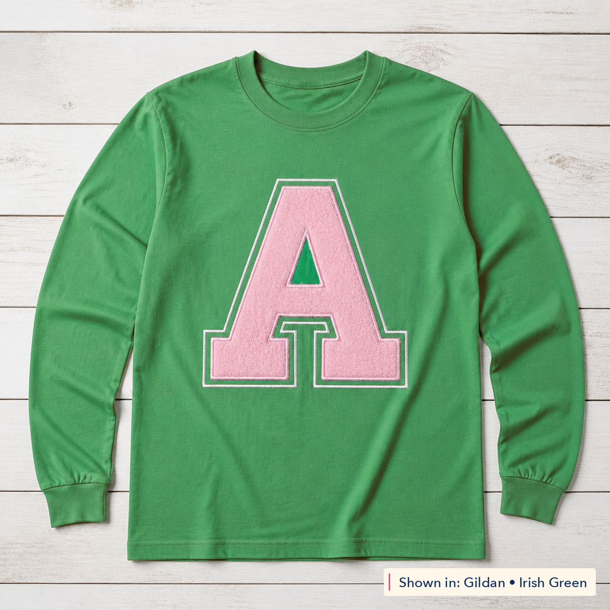 Varsity Initial Appliqué Long-Sleeve Tee. Shown in: Gildan • Irish Green.