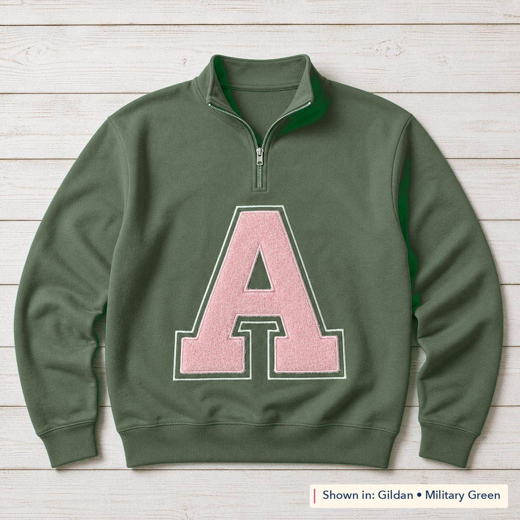 Varsity Initial Appliqué Quarter-Zip. Shown in: Gildan • Military Green.