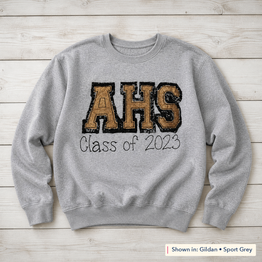 Graduation Year Varsity Sweatshirt. Shown in: Gildan • Sport Grey.