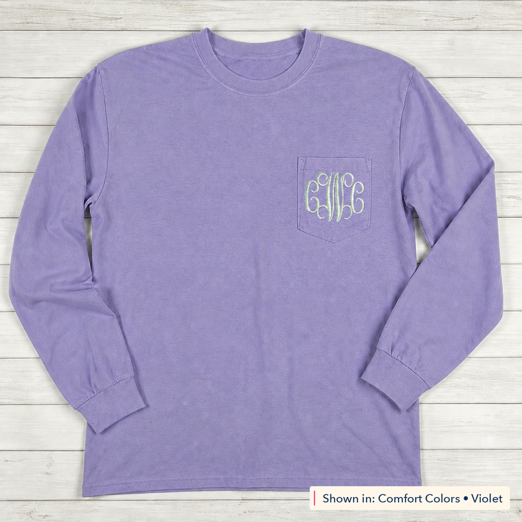 Vine Monogram Long-Sleeve Pocket Tee. Shown in: Comfort Colors • Violet.