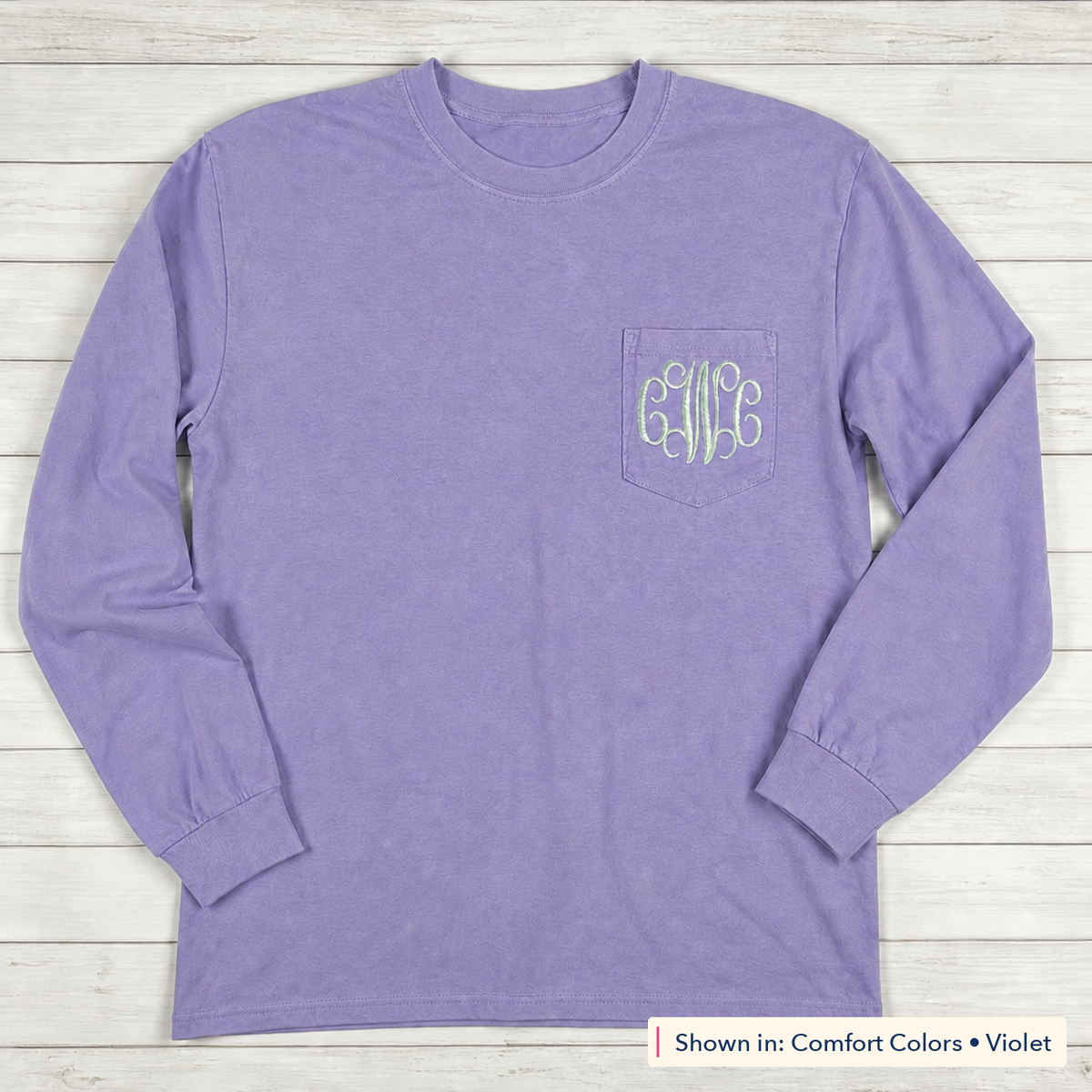 Vine Monogram Long-Sleeve Pocket Tee. Shown in: Comfort Colors • Violet.
