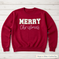 White & Gold Merry Christmas Sweatshirt. Shown in: Gildan • Cardinal Red.